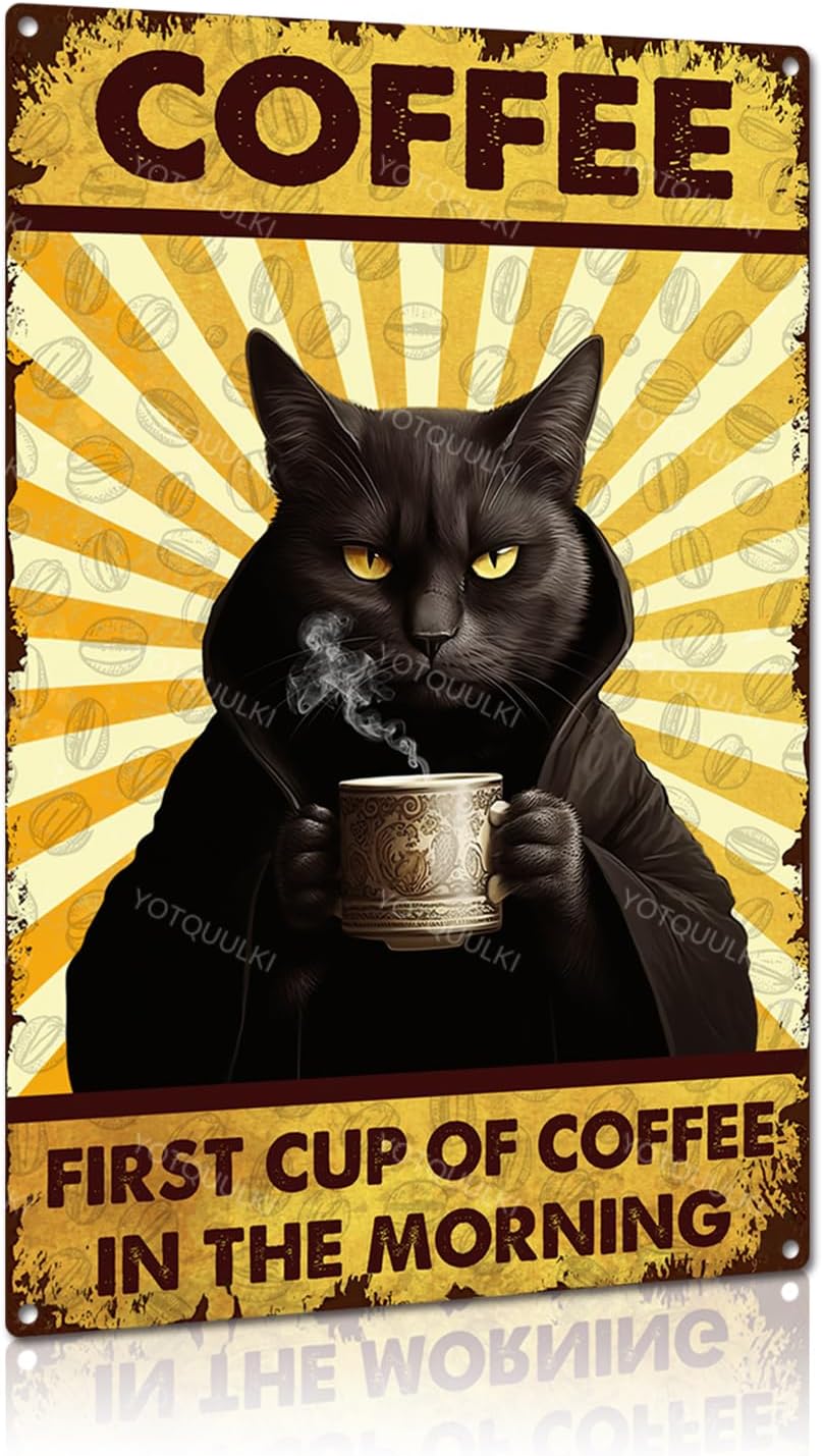 Home Bar And Coffee - Funny Black Cat Coffee Tin Sign