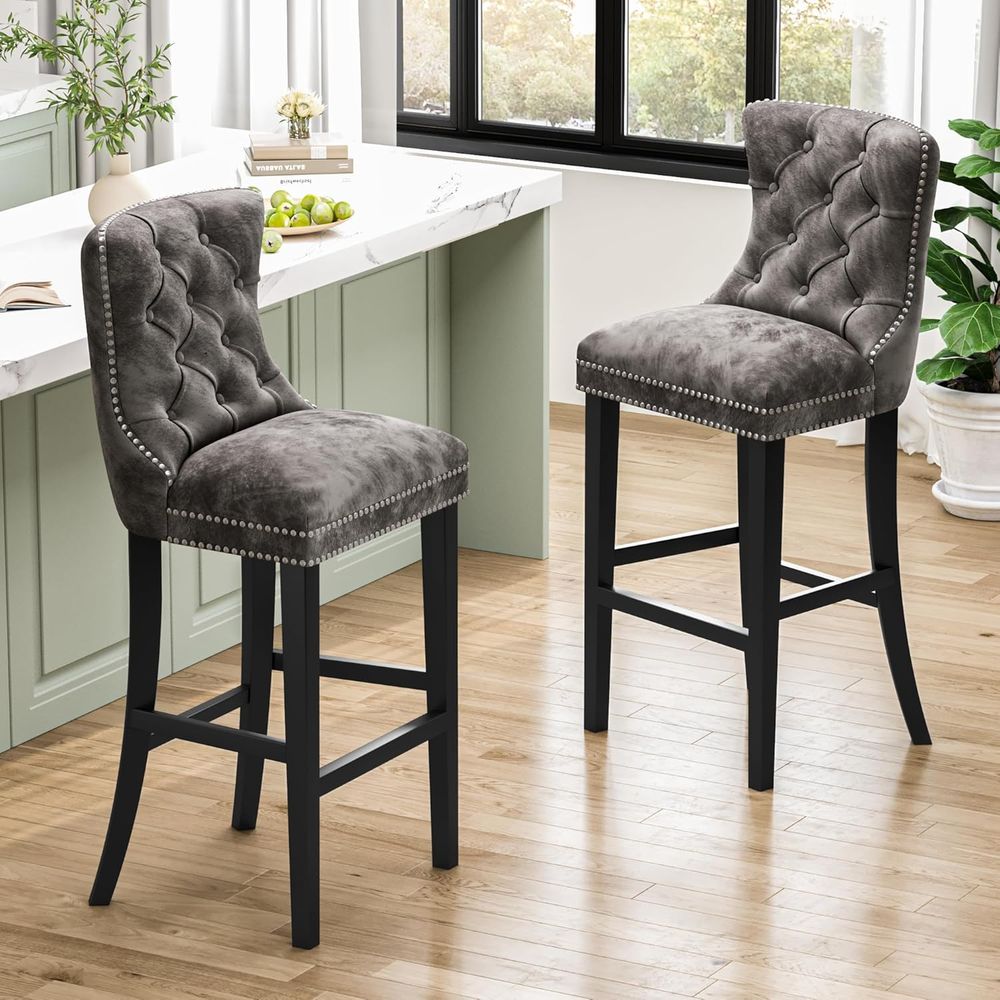Home Bar Stools - Set of 2 Light Grey Velvet