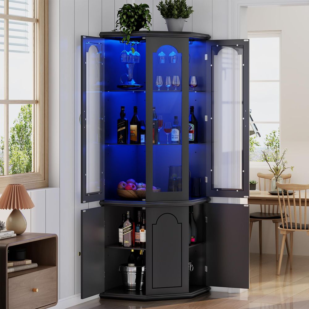 Home Bar And Cabinet - Corner Bar Cabinet w LED Lights,