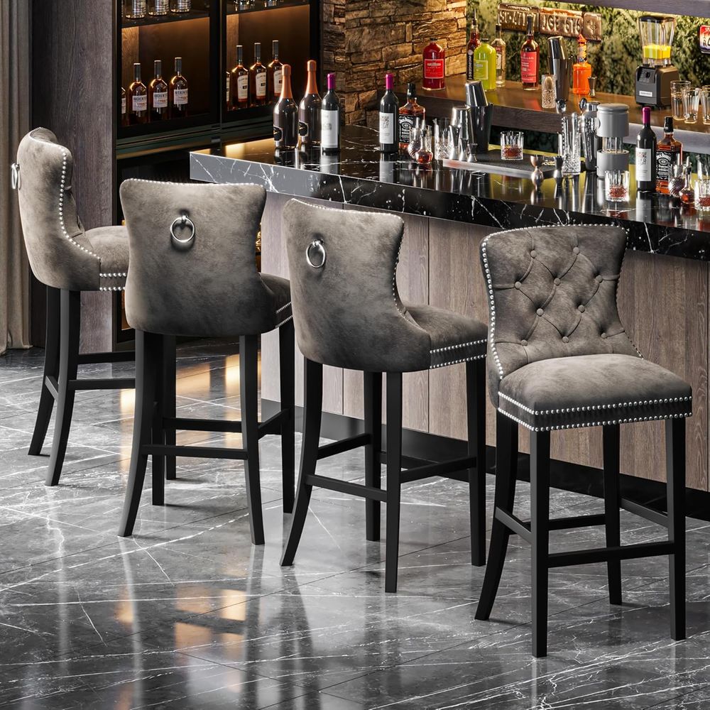 Set of 2 Light Grey Velvet Bar - Home Bar Stools ulasan dan harga
